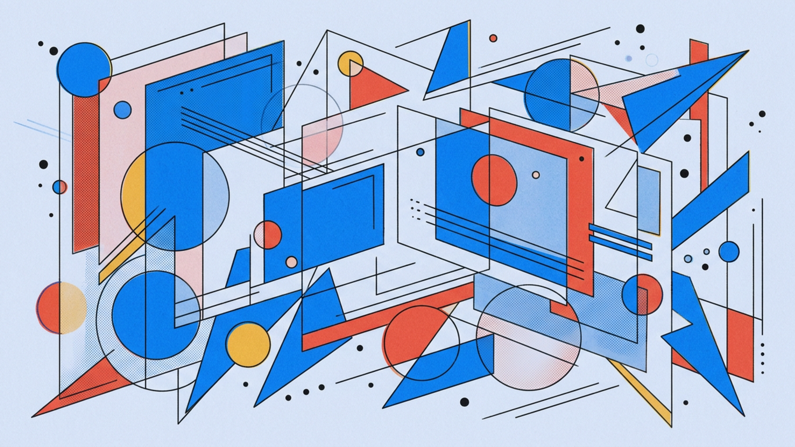 Abstract geometric composition in Kandinsky Bauhaus style — circles, triangles, and lines on warm paper background.
