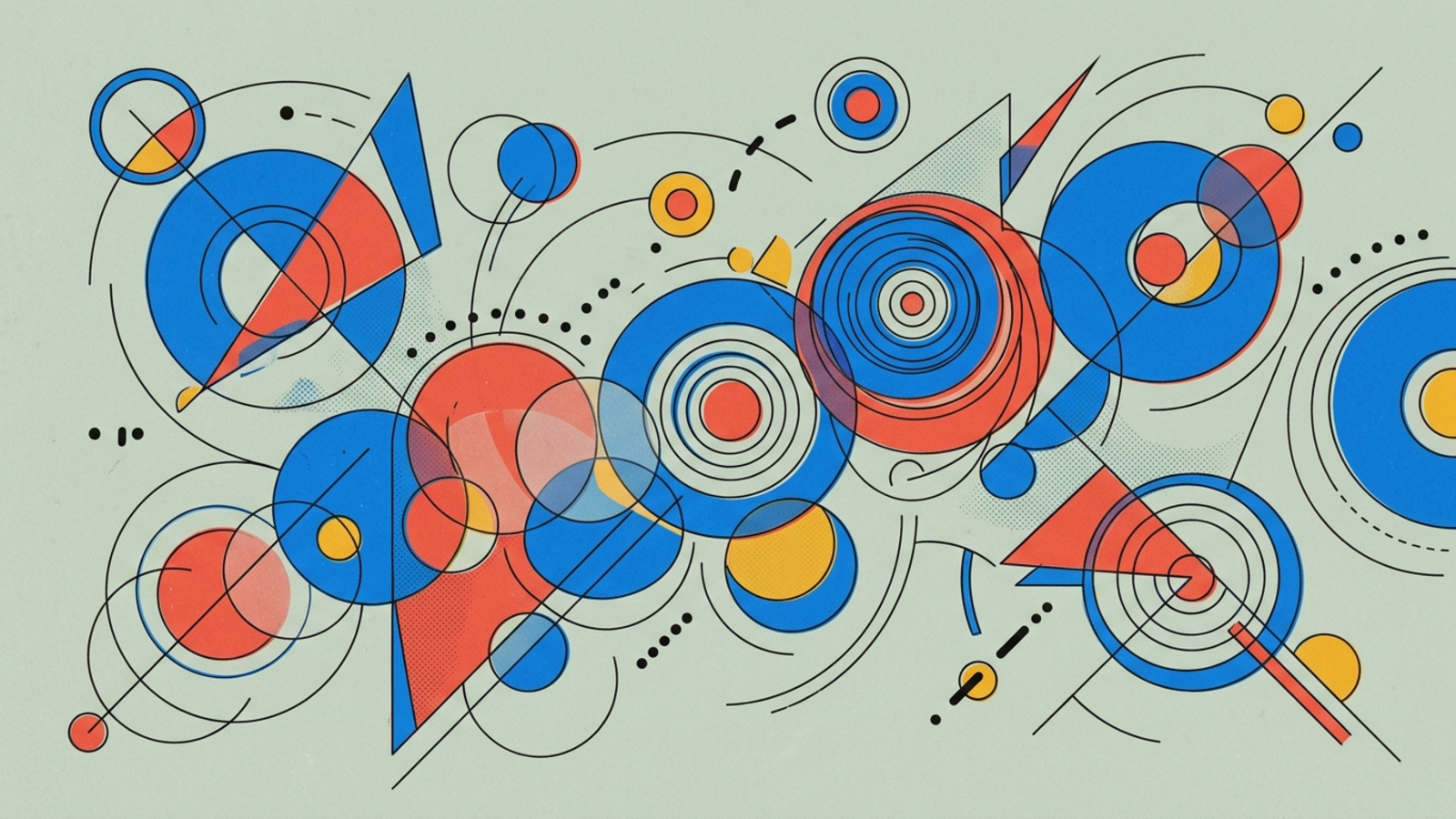Abstract geometric composition in Kandinsky Bauhaus style — circles, triangles, and lines on warm paper background.