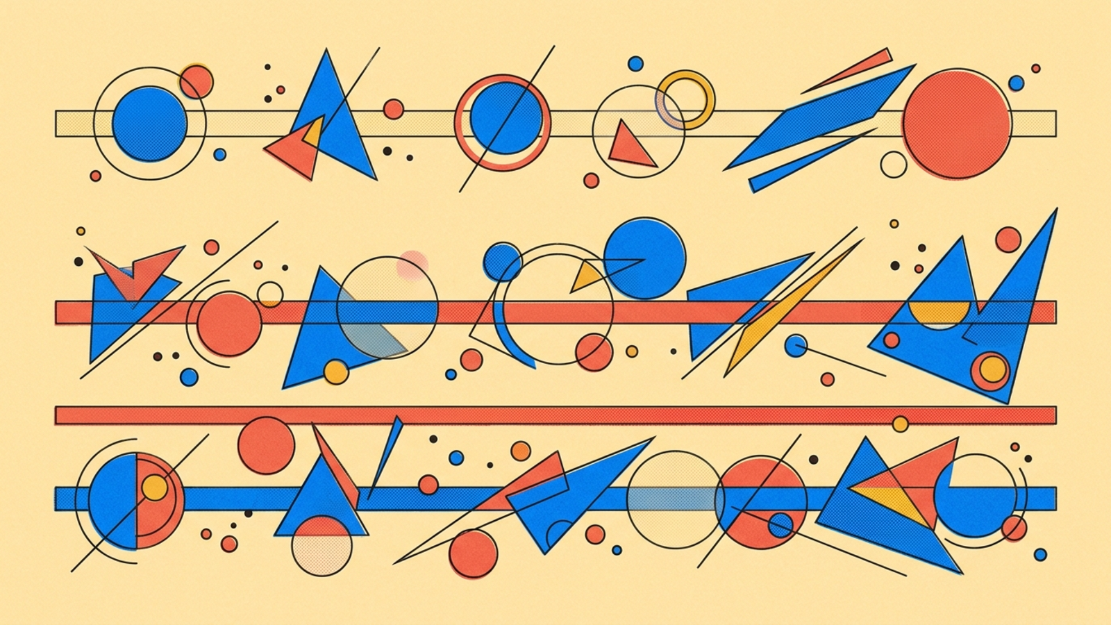 Abstract geometric composition in Kandinsky Bauhaus style — circles, triangles, and lines on warm paper background.