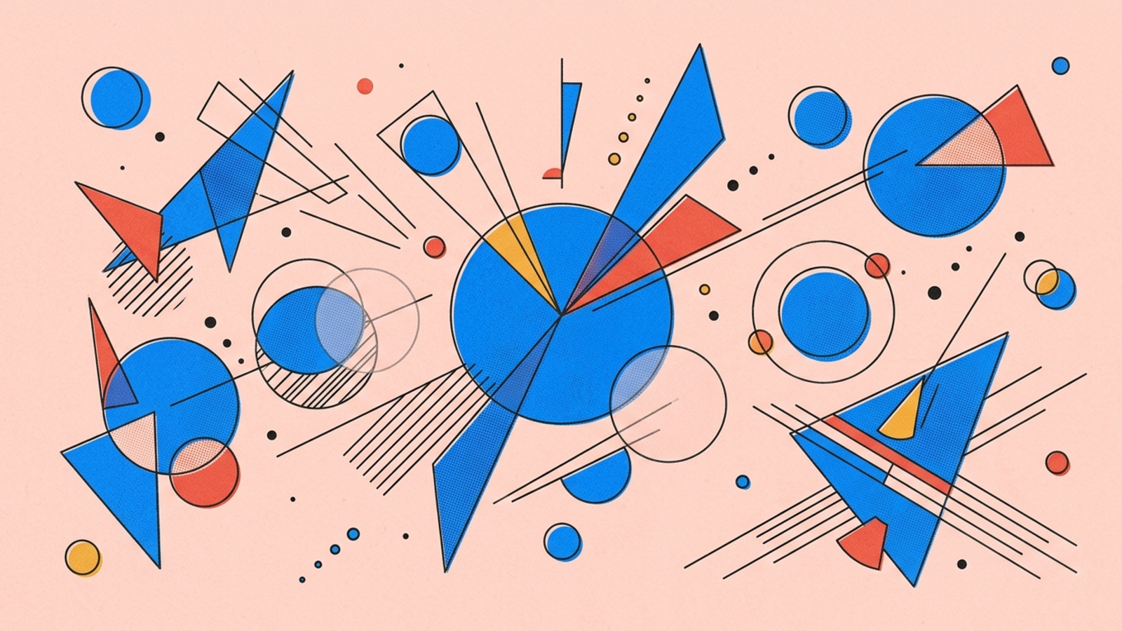 Abstract geometric composition in Kandinsky Bauhaus style — circles, triangles, and lines on warm paper background.