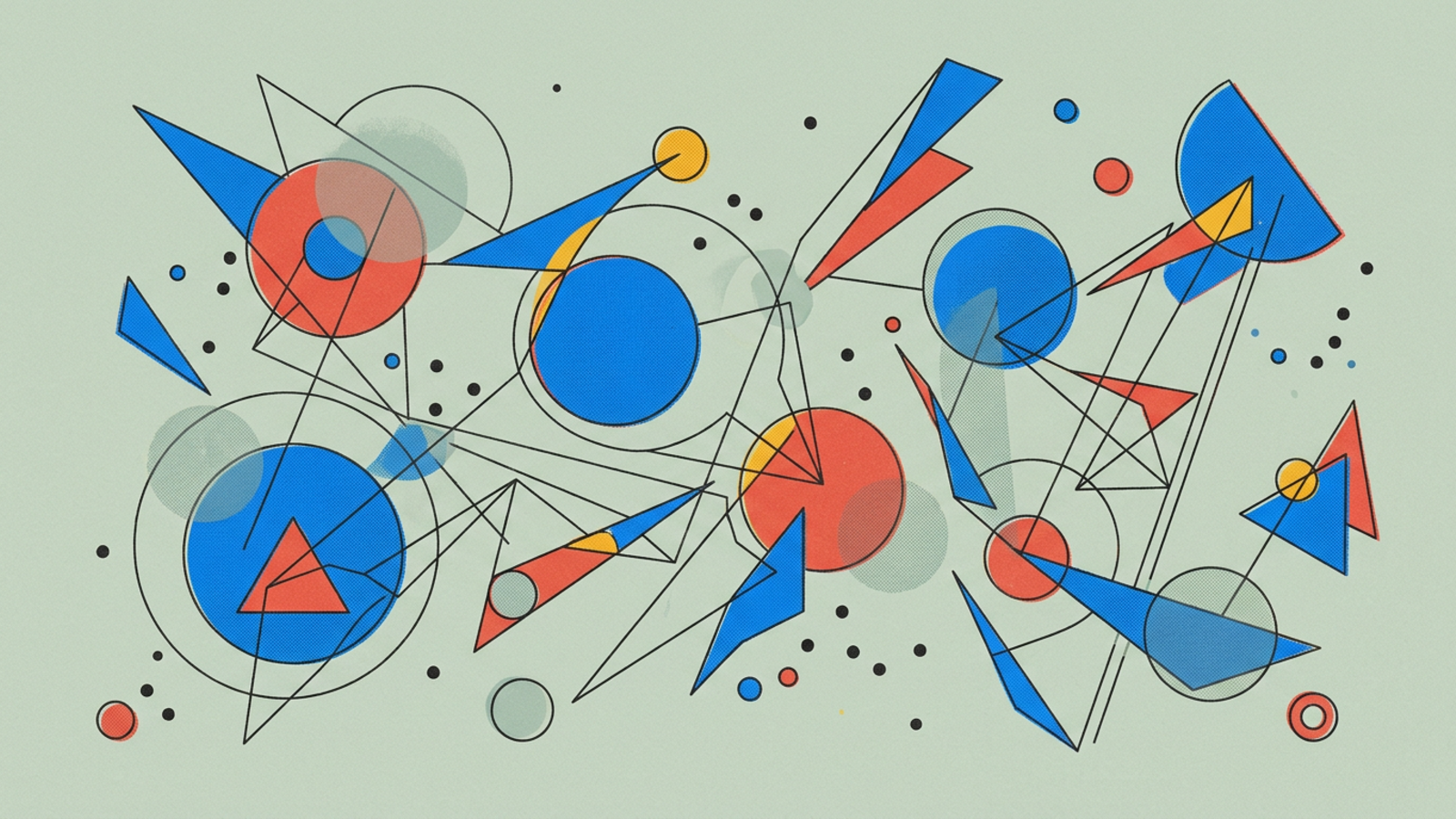 Abstract geometric composition in Kandinsky Bauhaus style — circles, triangles, and lines on warm paper background.
