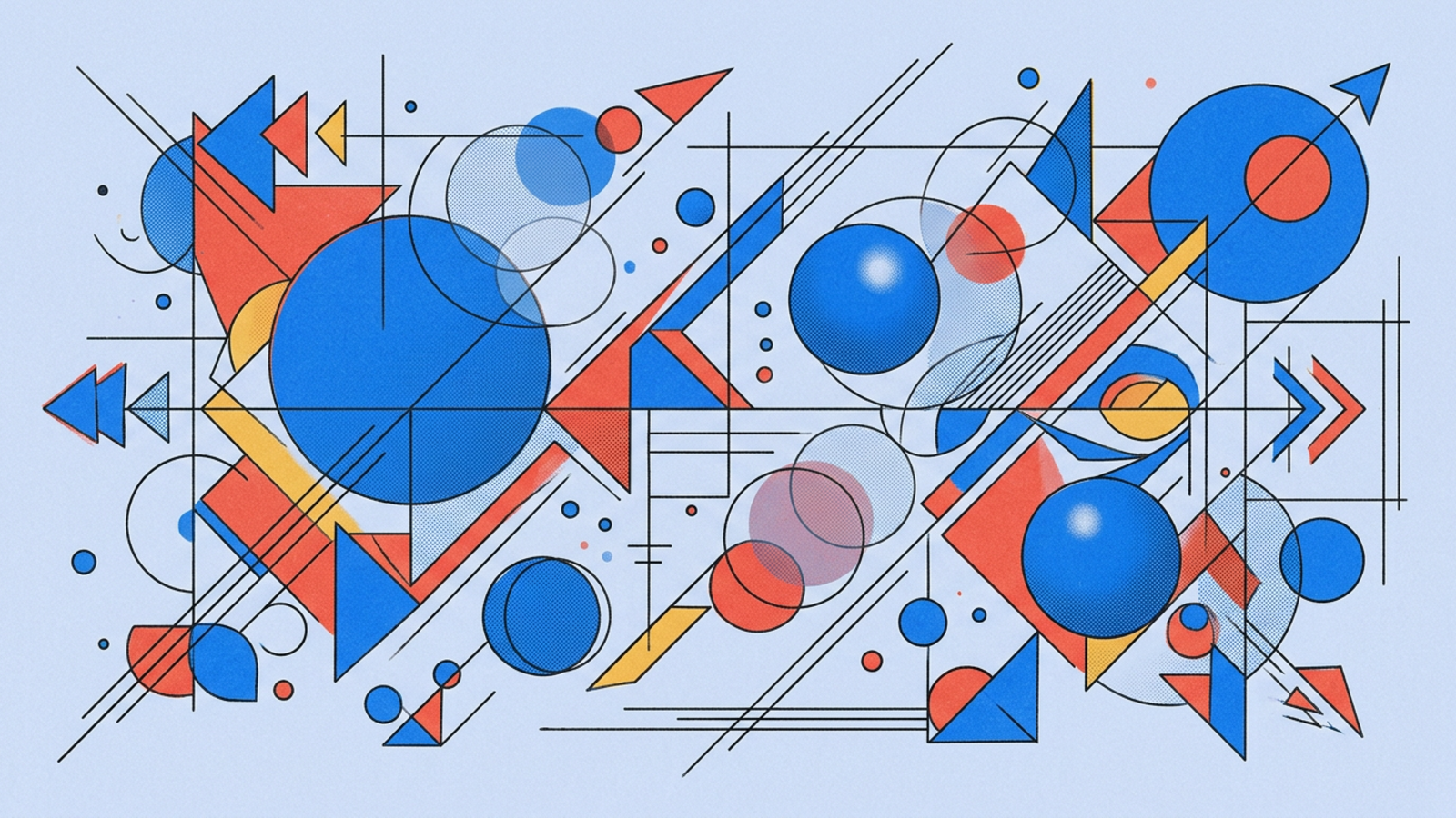 Abstract geometric composition in Kandinsky Bauhaus style — circles, triangles, and lines on warm paper background.