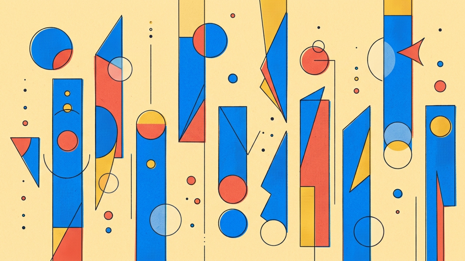 Abstract geometric composition in Kandinsky Bauhaus style — circles, triangles, and lines on warm paper background.