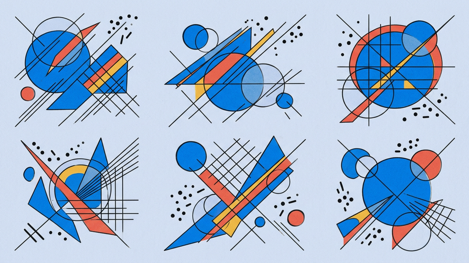 Abstract geometric composition in Kandinsky Bauhaus style — circles, triangles, and lines on warm paper background.