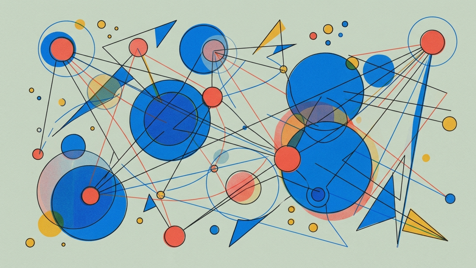 Abstract network of interconnected nodes representing ad-fraud botnets — central command node with satellite bots in cobalt blue and coral red.