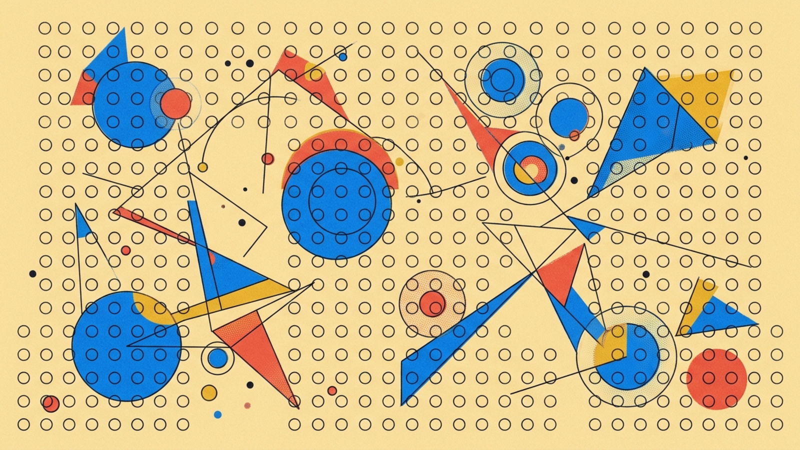 Abstract geometric composition in Kandinsky Bauhaus style — circles, triangles, and lines on warm paper background.