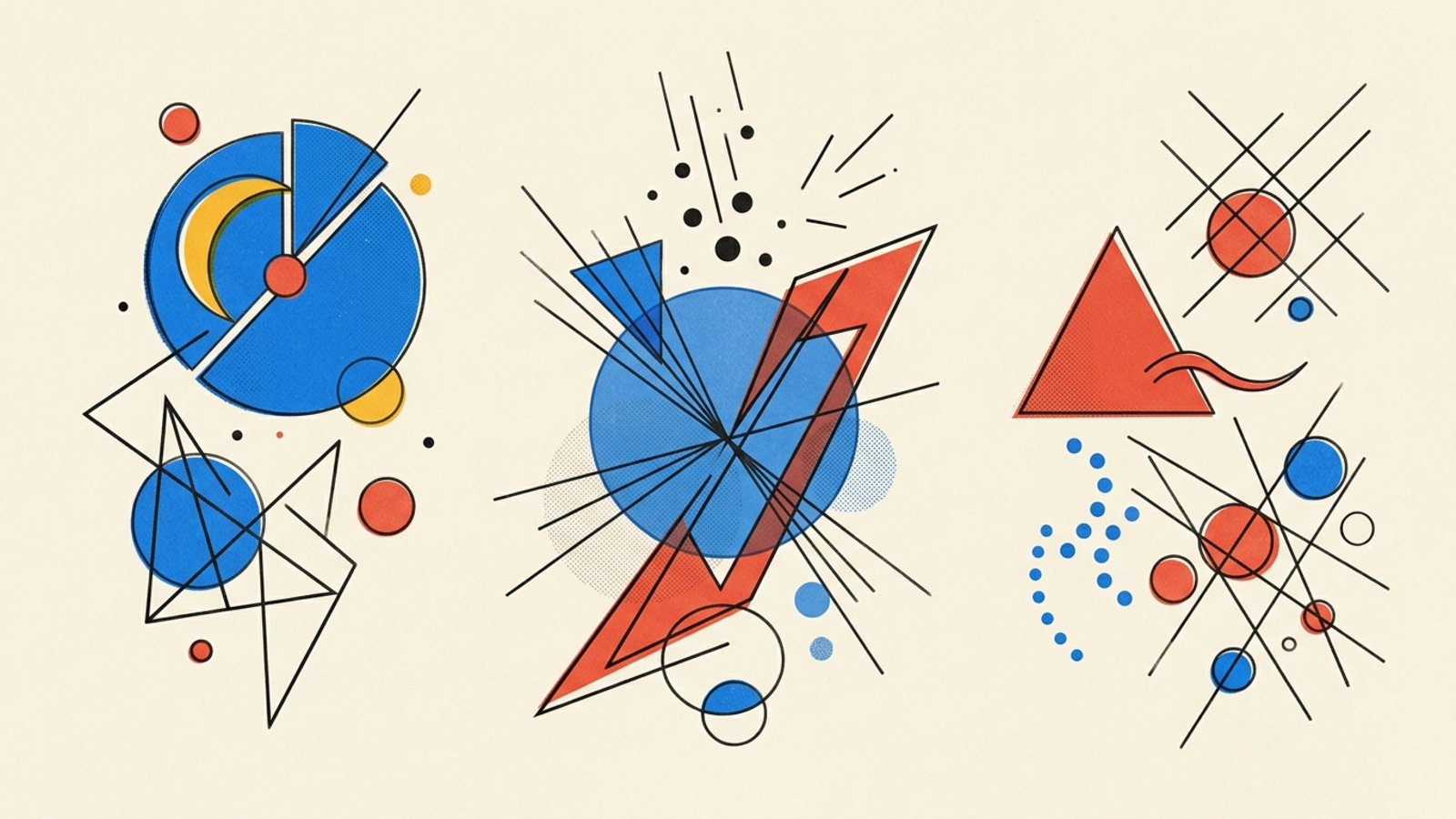 Abstract geometric composition in Kandinsky Bauhaus style — circles, triangles, and lines on warm paper background.
