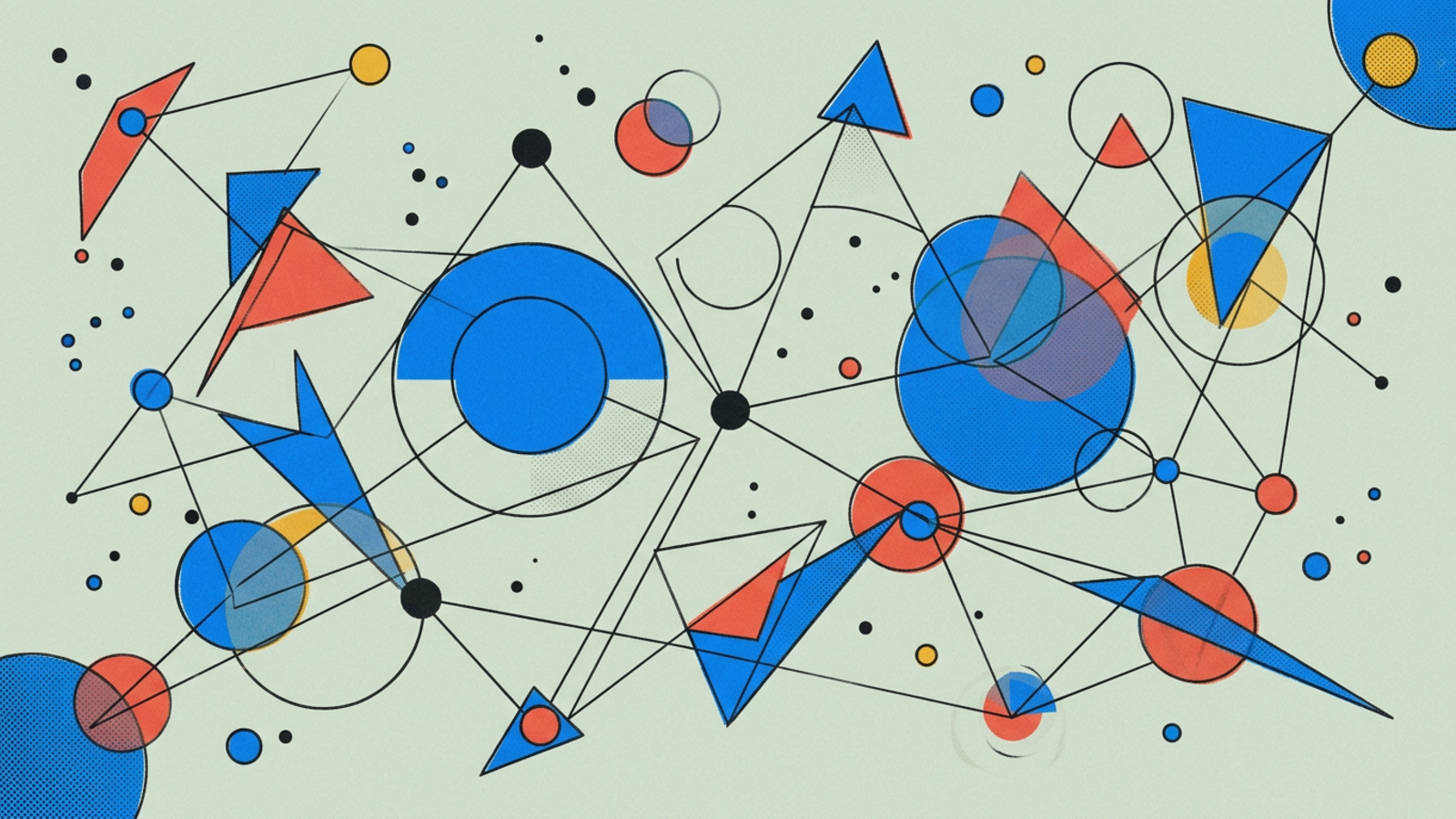 Abstract geometric composition in Kandinsky Bauhaus style — circles, triangles, and lines on warm paper background.