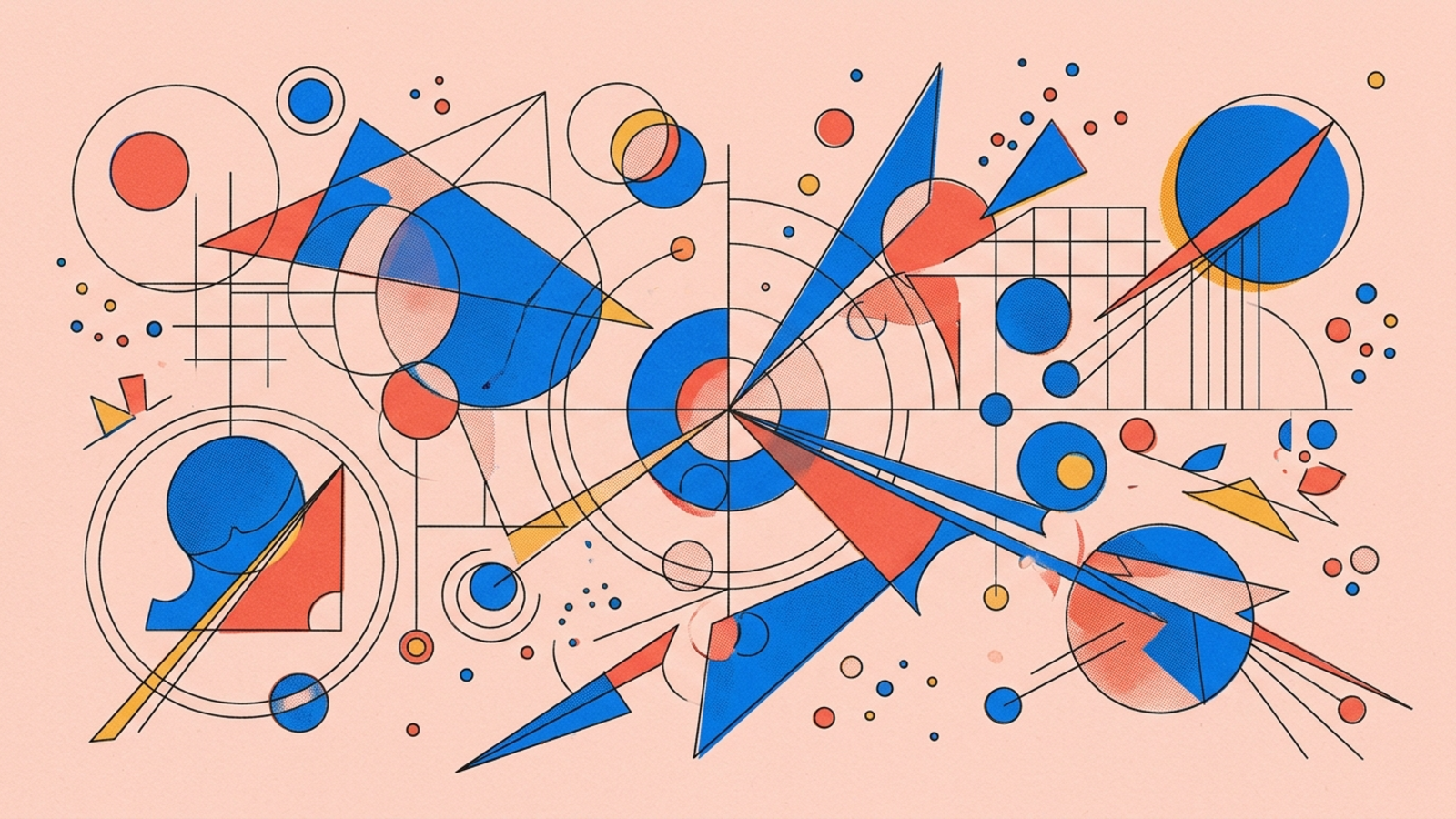 Abstract geometric composition in Kandinsky Bauhaus style — circles, triangles, and lines on warm paper background.