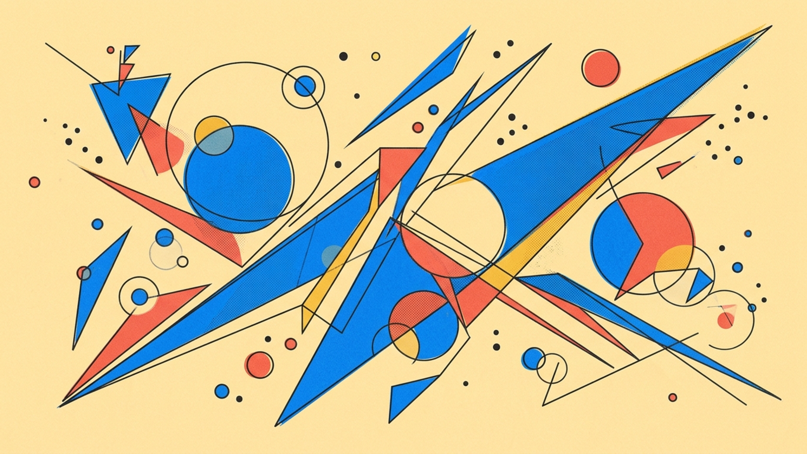 Abstract geometric composition in Kandinsky Bauhaus style — circles, triangles, and lines on warm paper background.