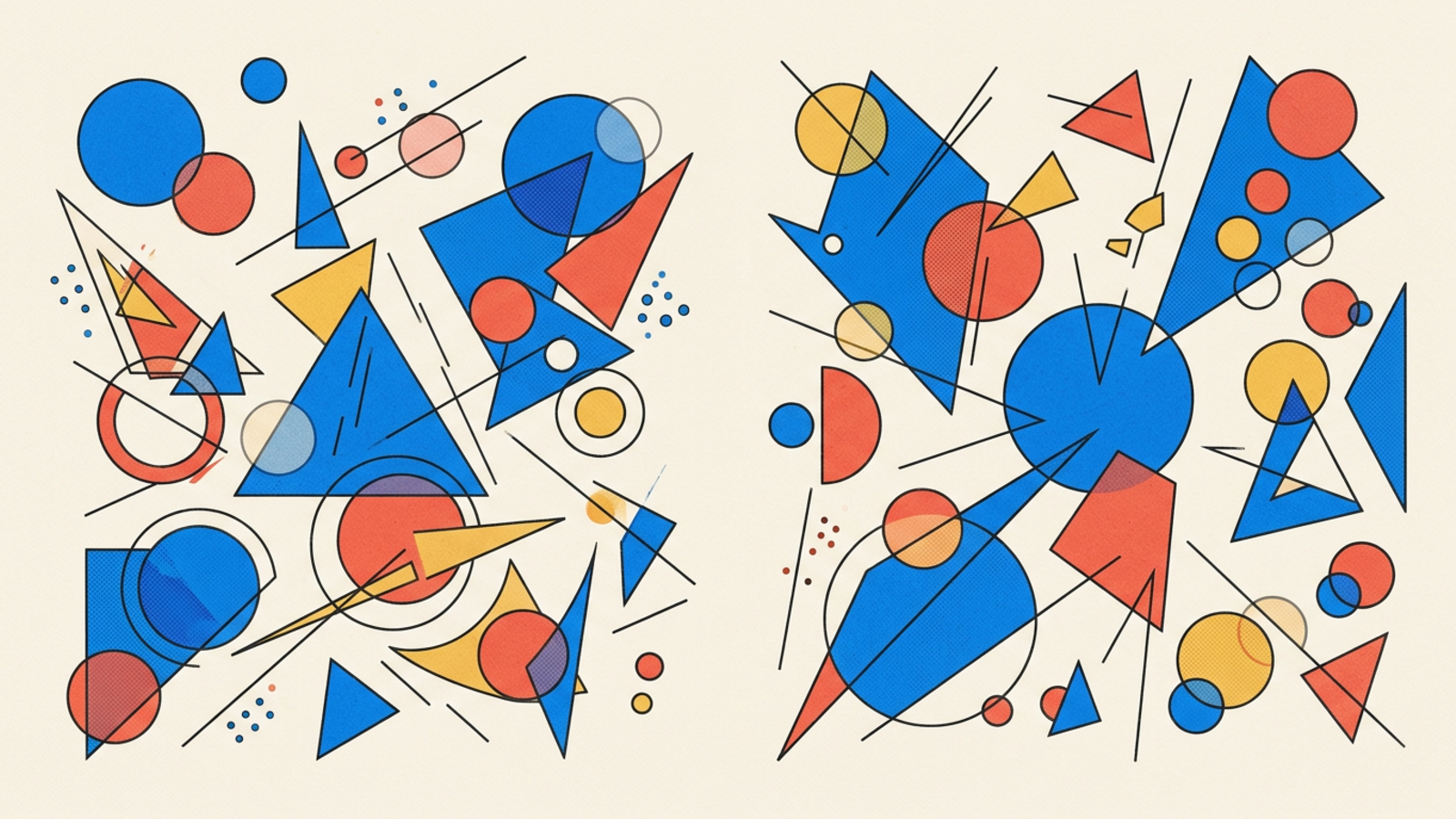 Abstract geometric composition in Kandinsky Bauhaus style — circles, triangles, and lines on warm paper background.