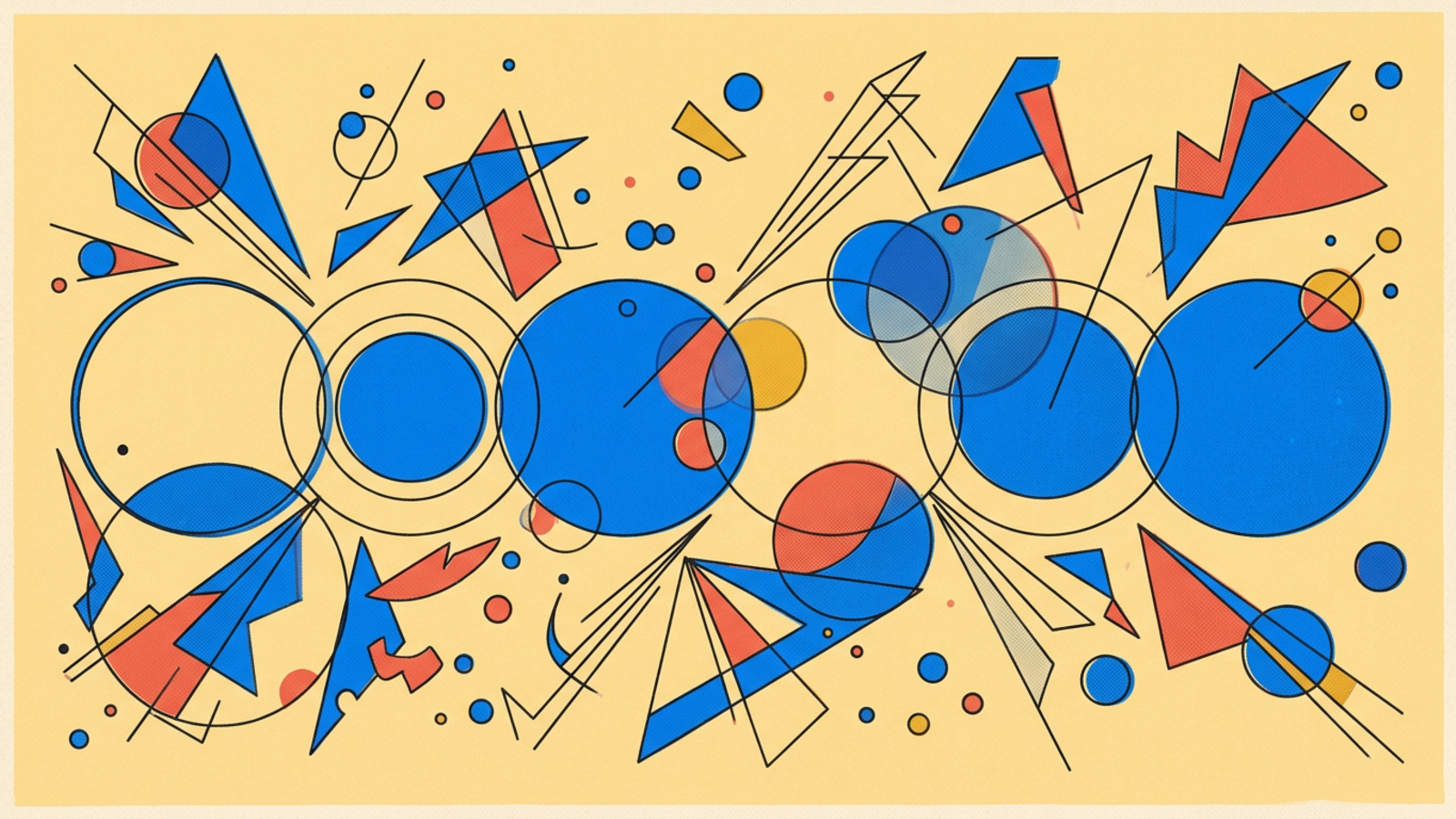 Abstract geometric composition in Kandinsky Bauhaus style — circles, triangles, and lines on warm paper background.