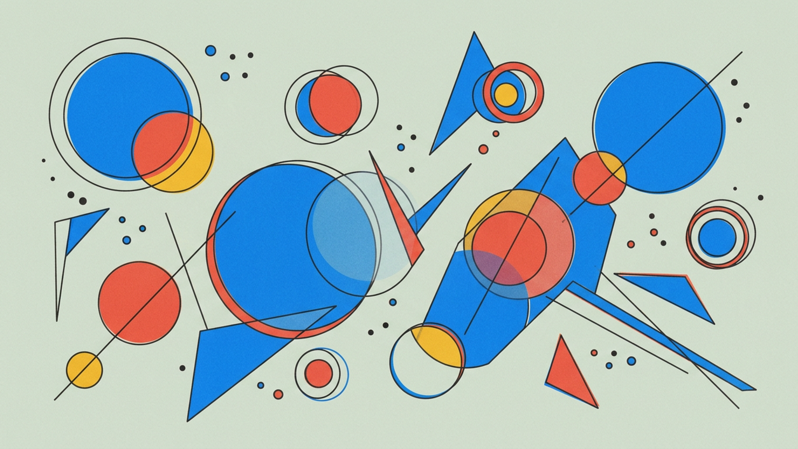 Abstract geometric composition in Kandinsky Bauhaus style — circles, triangles, and lines on warm paper background.