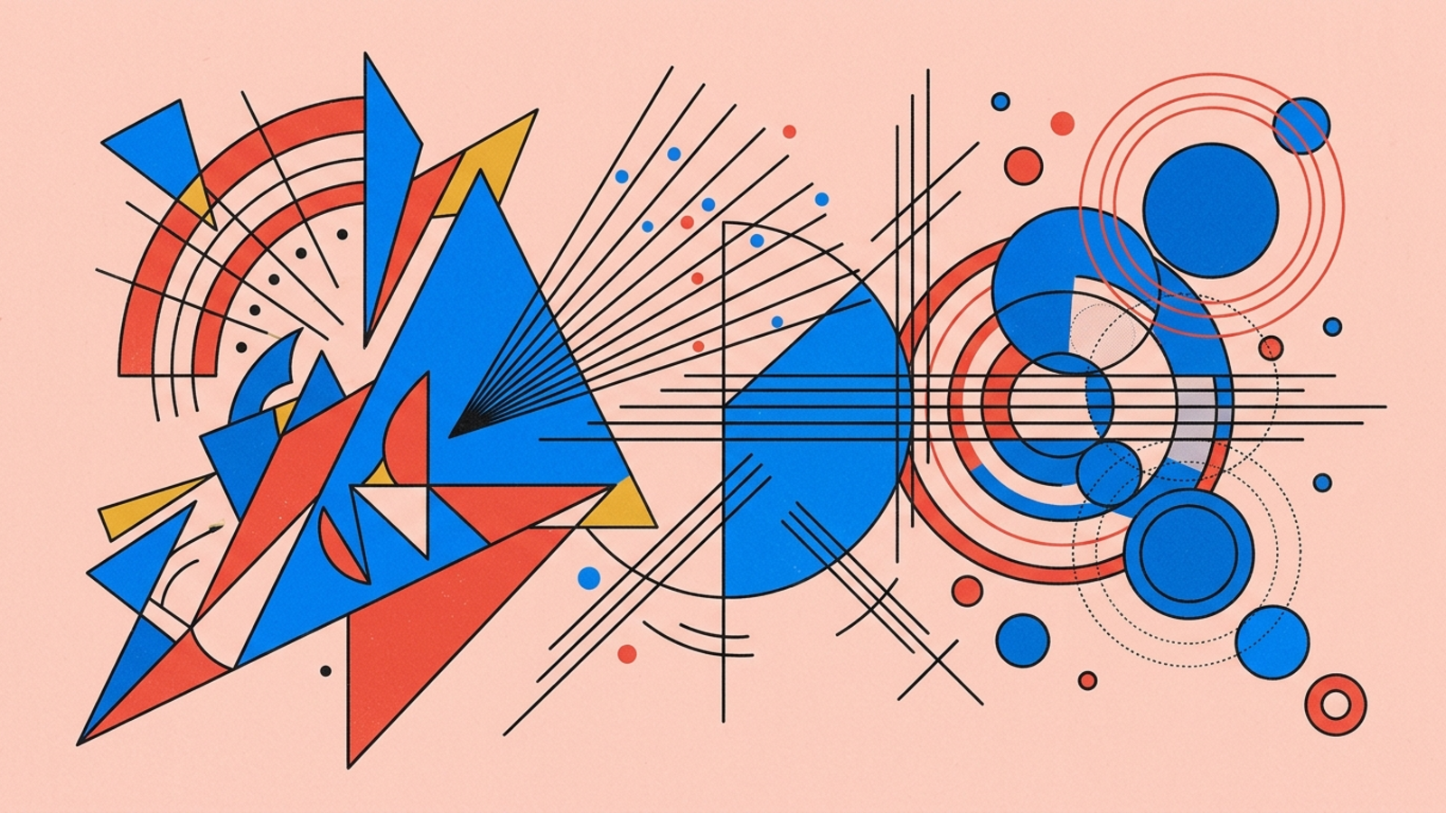 Abstract geometric composition in Kandinsky Bauhaus style — circles, triangles, and lines on warm paper background.