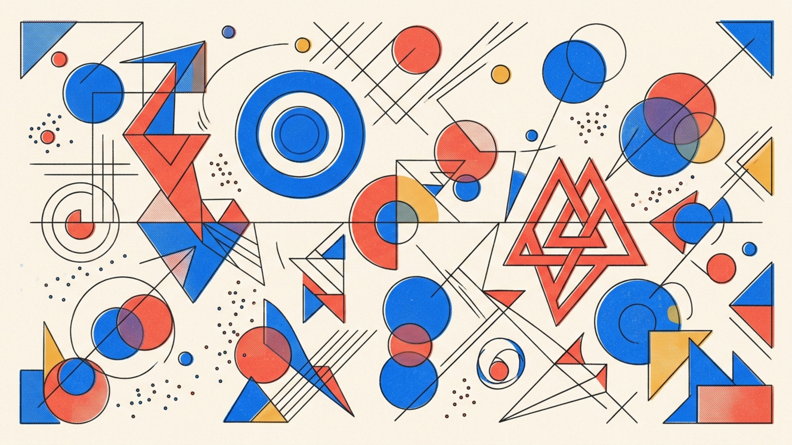 Abstract geometric composition in Kandinsky Bauhaus style — circles, triangles, and lines on warm paper background.