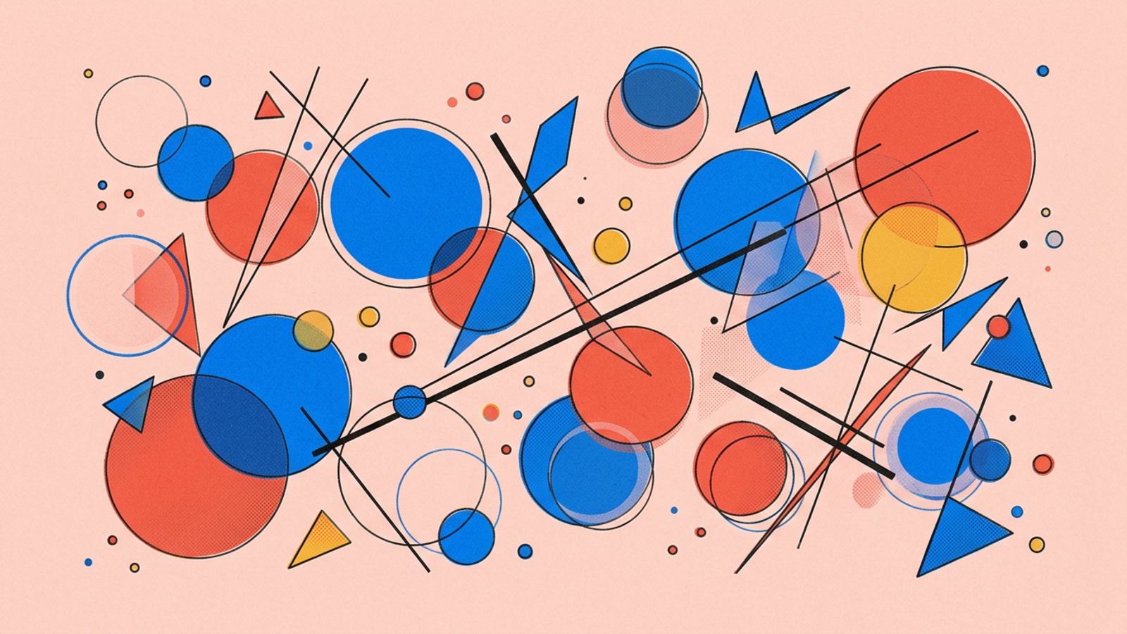 Abstract geometric composition in Kandinsky Bauhaus style — circles, triangles, and lines on warm paper background.