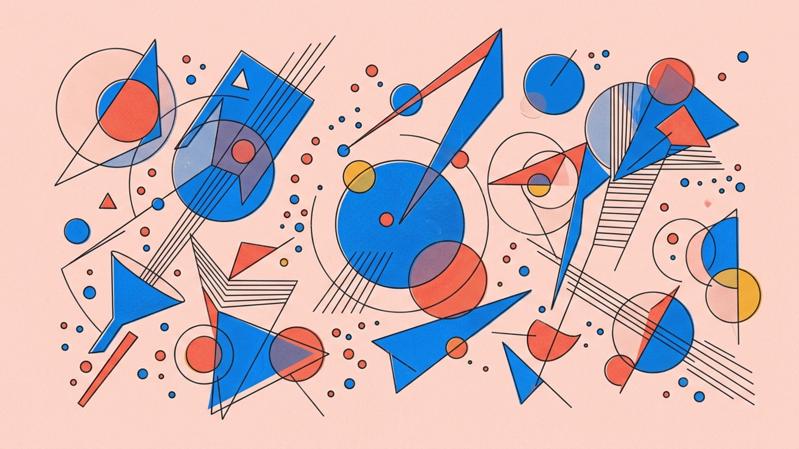 Abstract geometric composition in Kandinsky Bauhaus style — circles, triangles, and lines on warm paper background.