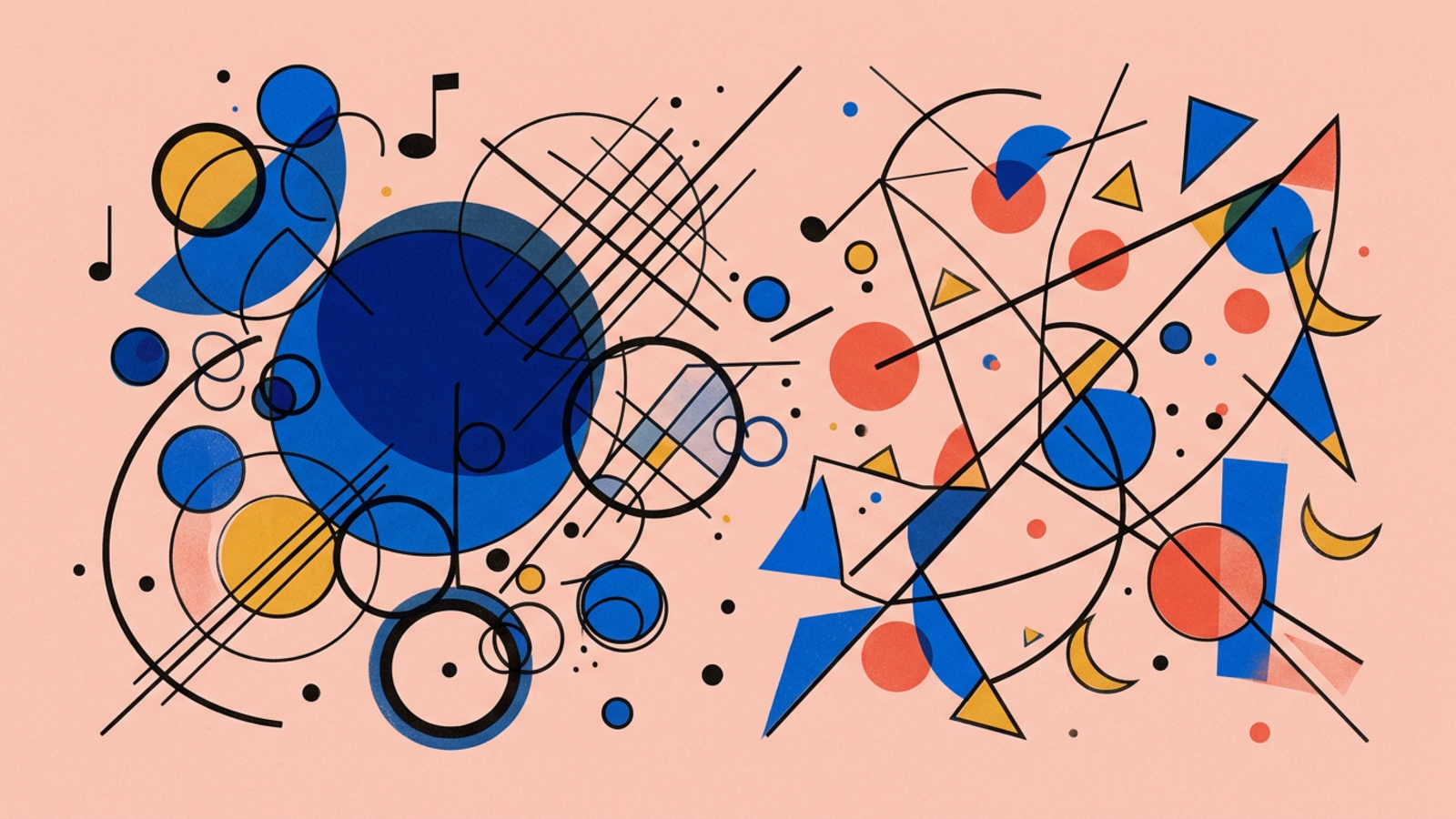 Abstract geometric composition in Kandinsky Bauhaus style — circles, triangles, and lines on warm paper background.