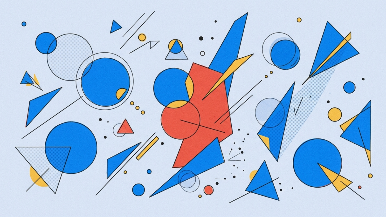 Abstract geometric composition in Kandinsky Bauhaus style — circles, triangles, and lines on warm paper background.