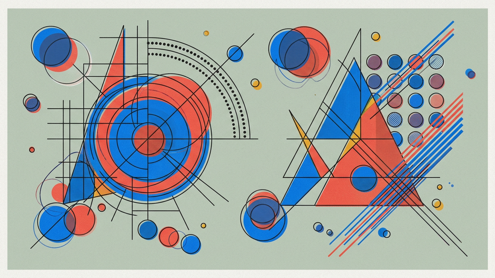 Abstract geometric composition in Kandinsky Bauhaus style — circles, triangles, and lines on warm paper background.