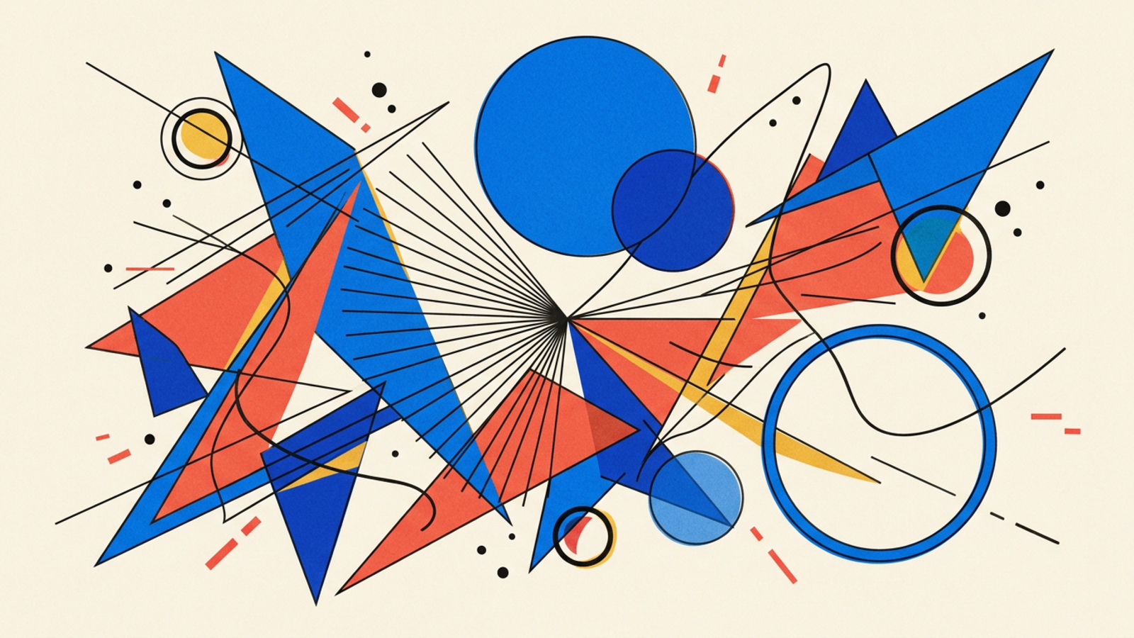 Abstract geometric composition in Kandinsky Bauhaus style — circles, triangles, and lines on warm paper background.