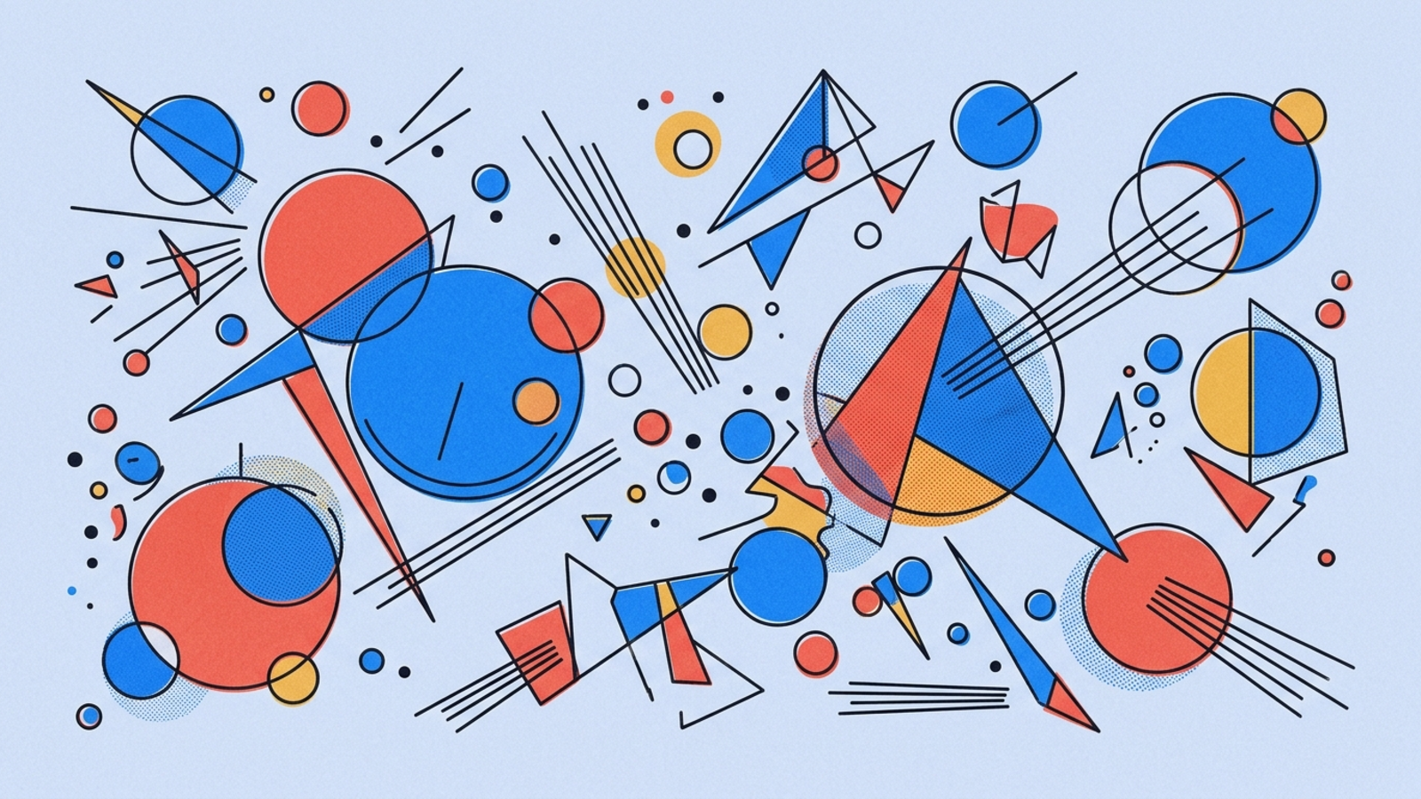Abstract geometric composition in Kandinsky Bauhaus style — circles, triangles, and lines on warm paper background.